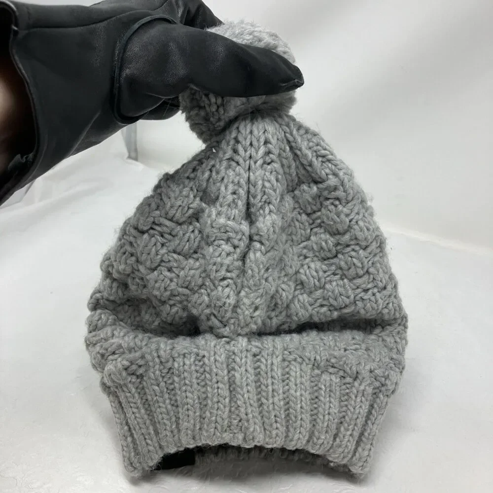 Wool Blend Beanie Hat Pom Knit Ski Hat Cuff Gray Yutro Poland Vintage